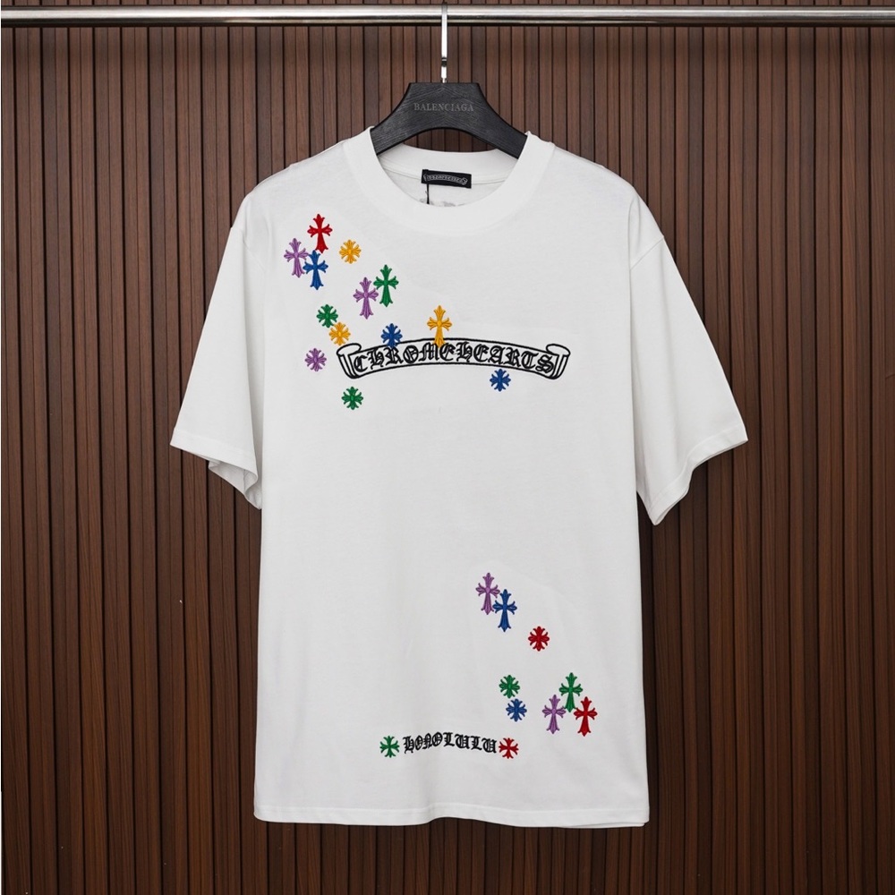 Chrome Hearts White Multi-Color Embroidered Cross Scroll Tee Unisex